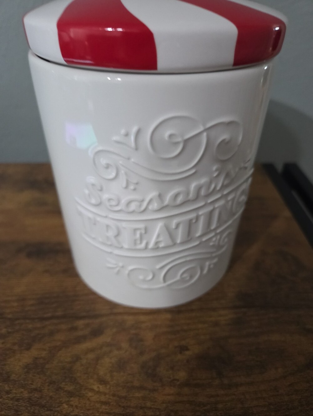 Hallmark "Seasons Treatings"  Canister With Red And White Peppermint Swirl Lid